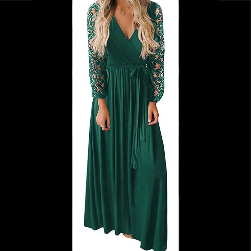 Kranda Womens Vintage Floral Lace Long Sleeve Faux Wrap V Neck Maxi Dress